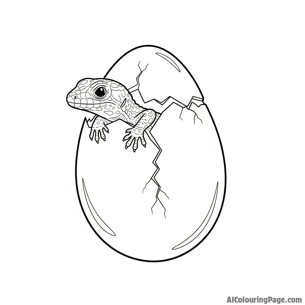 A tiny lizard hatchling emerging from a cracked egg.