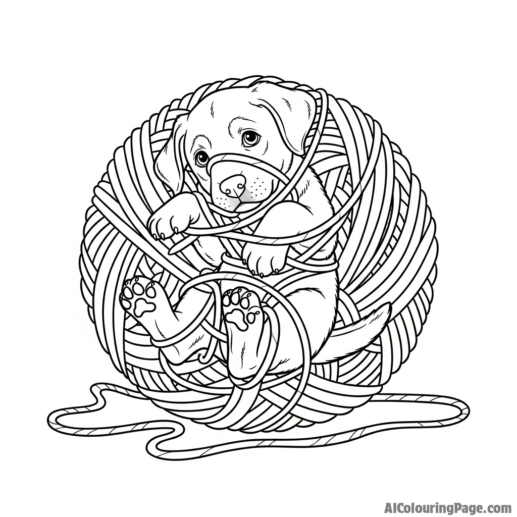 A puppy tangled in a ball of yarn.