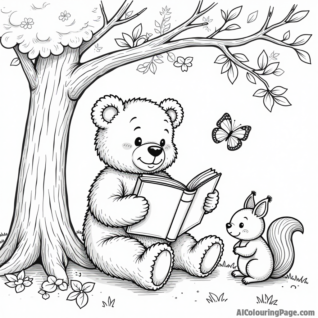 A teddy bear reading a storybook under a tree, accompanied by a curious squirrel and a butterfly, offering an imaginative scene for young artists to color.