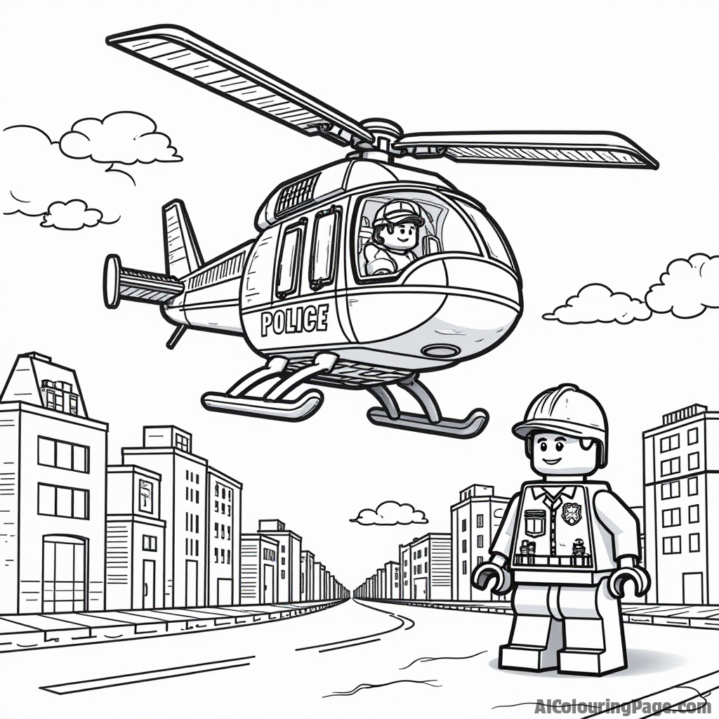 A Lego police helicopter flying above a Lego cityscape, with a Lego officer looking out, perfect for imaginative coloring adventures for children.