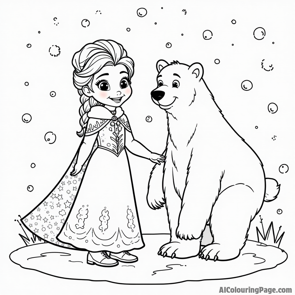 Elsa and a friendly polar bear enjoying a snowy day