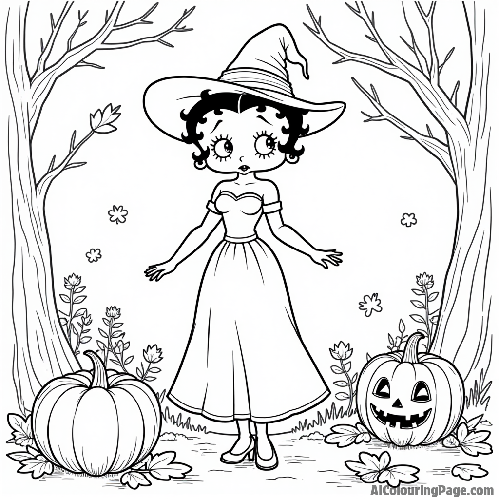 Betty Boop dressed as a witch during Halloween with a black cat and pumpkins scattered in a spooky scene