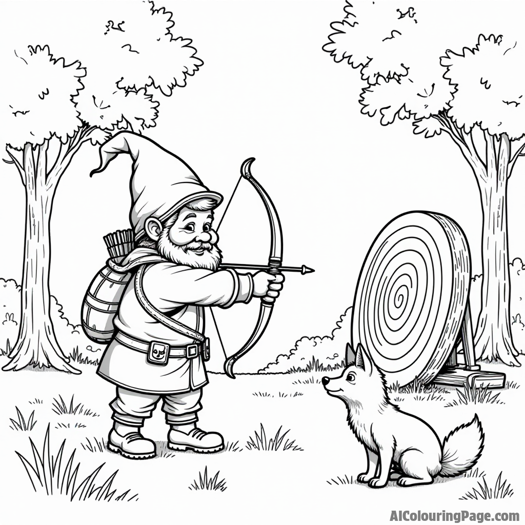 A gnome practicing archery in a clearing with a target, surrounded by trees and a curious fox watching closely.