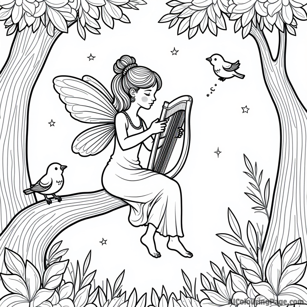 A fairy playing a harp while sitting on a branch with birds singing around her in a tranquil forest