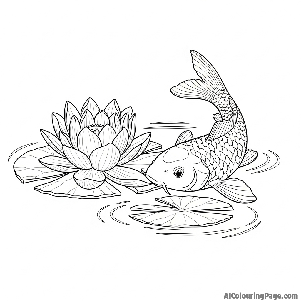 A gentle moment as a koi nudges a floating lotus blossom with its snout.