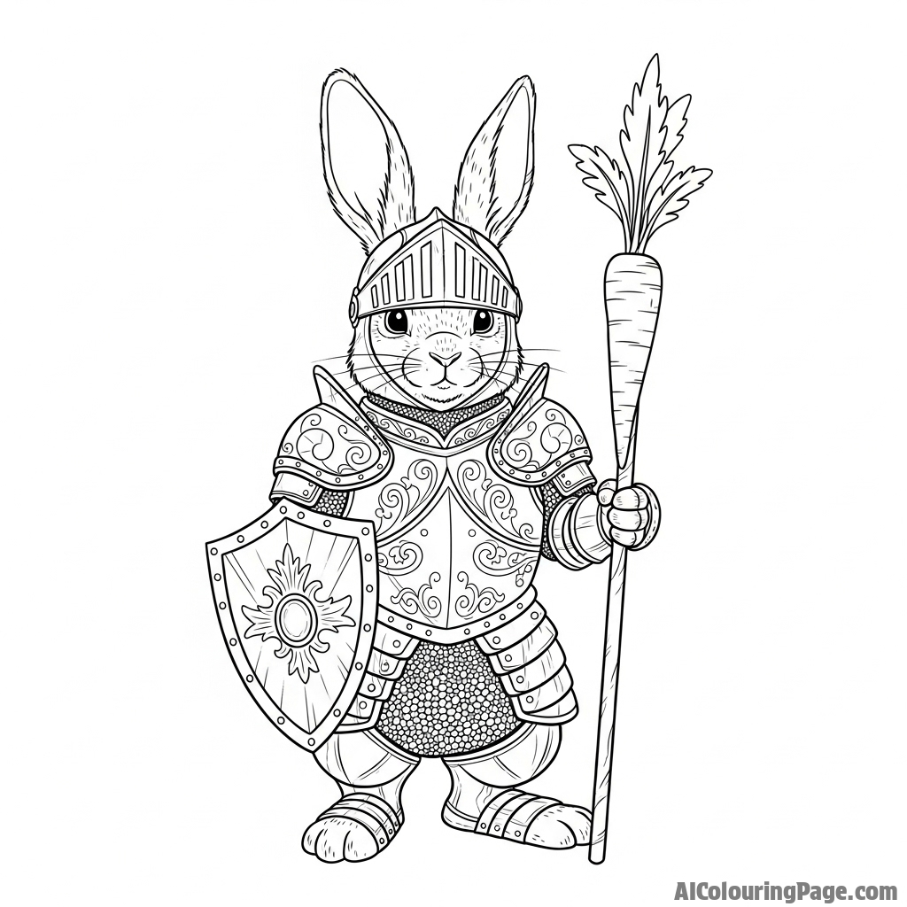 A brave bunny knight in shining, ornate armor, holding a small shield and a carrot lance.