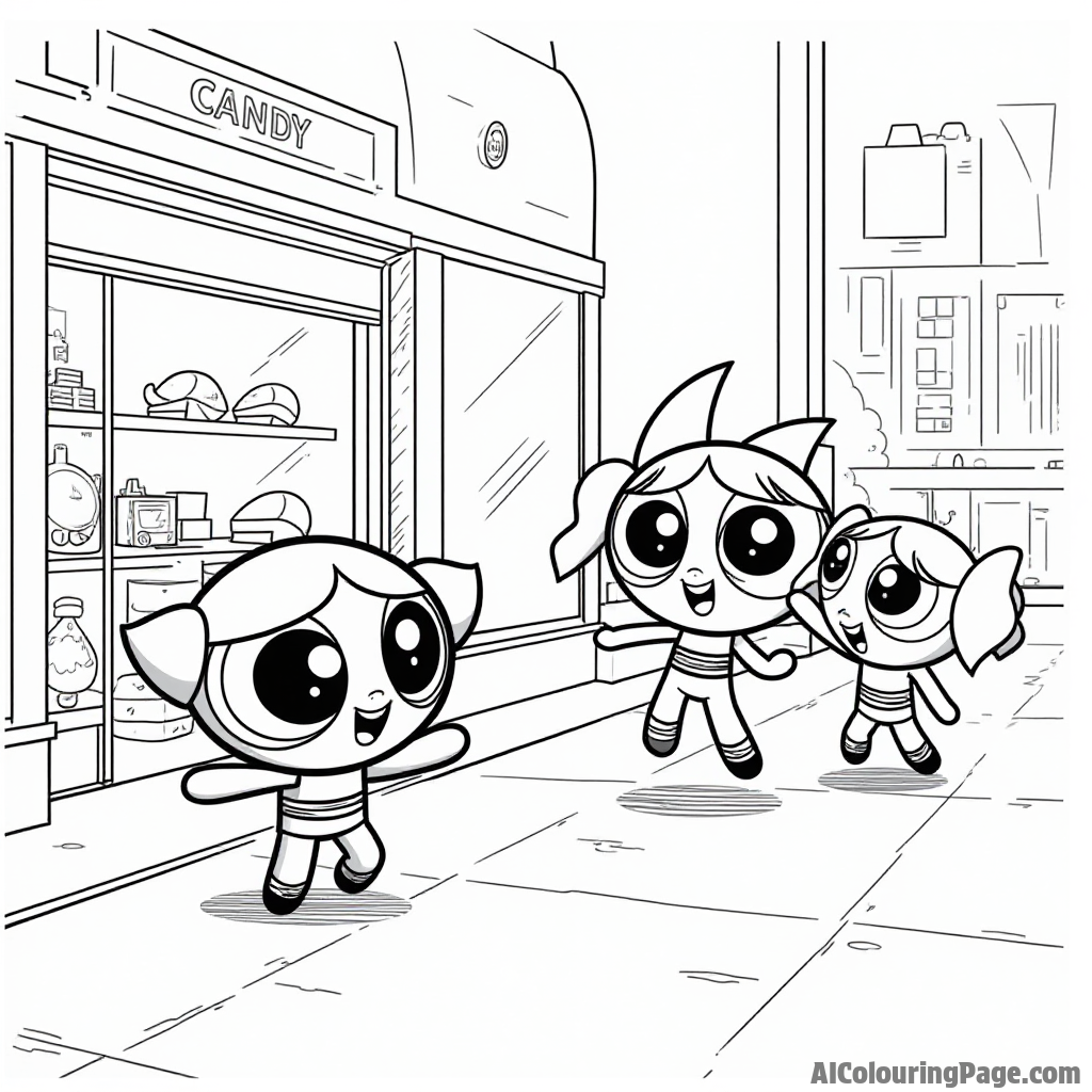 Mojo Jojo trying to steal candy from a store, while the Powerpuff Girls intervene, showcasing their teamwork and bravery