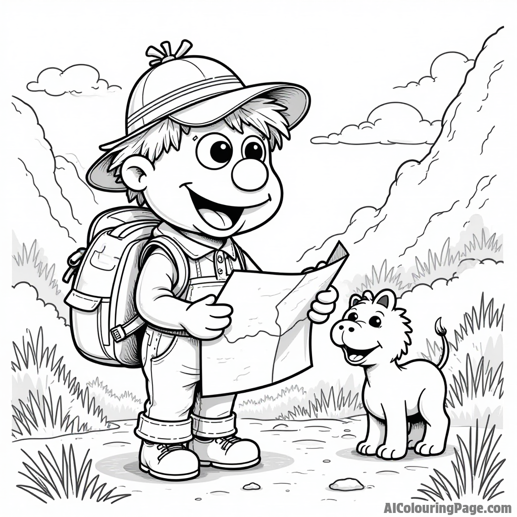 A Muppet baby reading a map while on an adventure, with a compass, backpack, and friendly animals guiding the way.