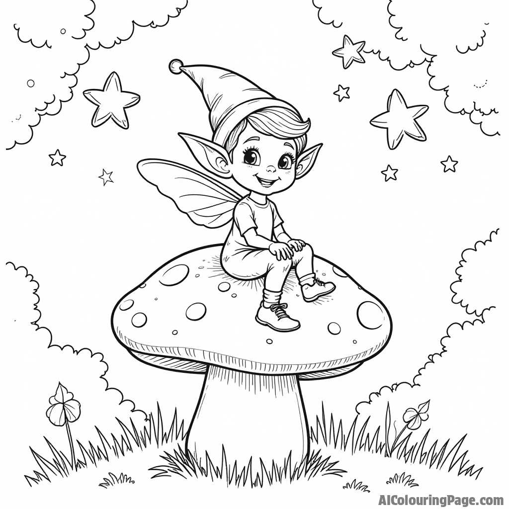 A cheerful elf riding a giant mushroom under twinkling stars, surrounded by playful fireflies, with a whimsical forest backdrop, perfect for children to color in black and white fantasy scenes.