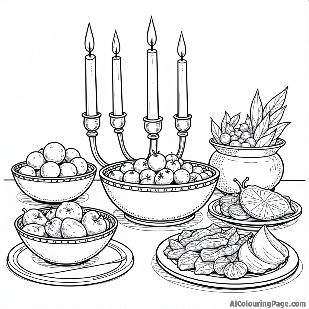 A beautifully arranged Kwanzaa feast with traditional dishes, fruits, and a kinara, highlighting the importance of sharing and gratitude, suitable for young artists to color.