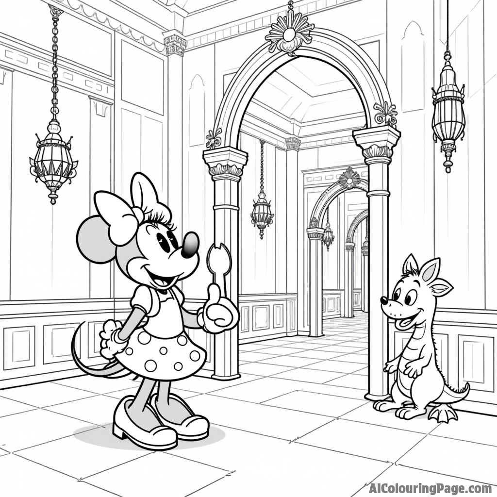 Minnie Mouse in a magical castle, exploring grand rooms, with sparkling chandeliers and a friendly dragon peeking from a corner