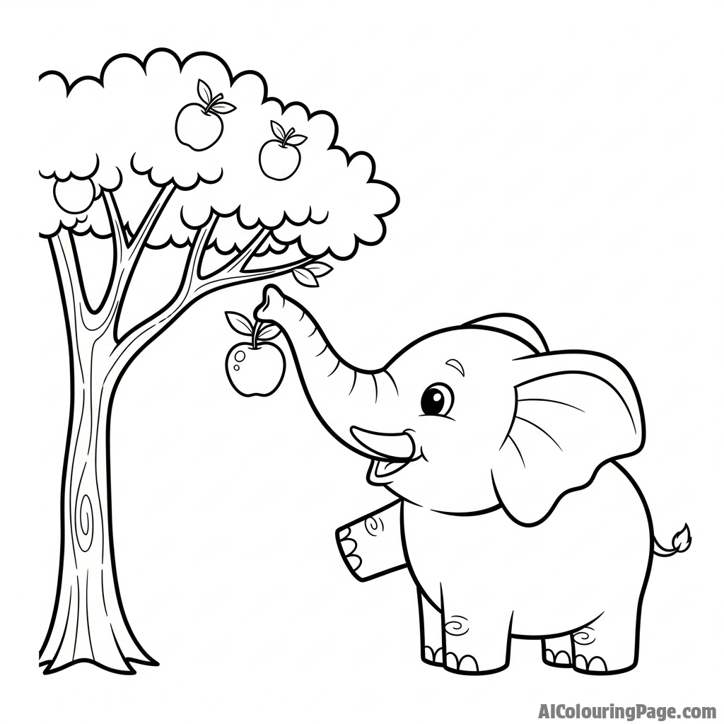 An elephant using its trunk to carefully pick a single fruit from a high branch.