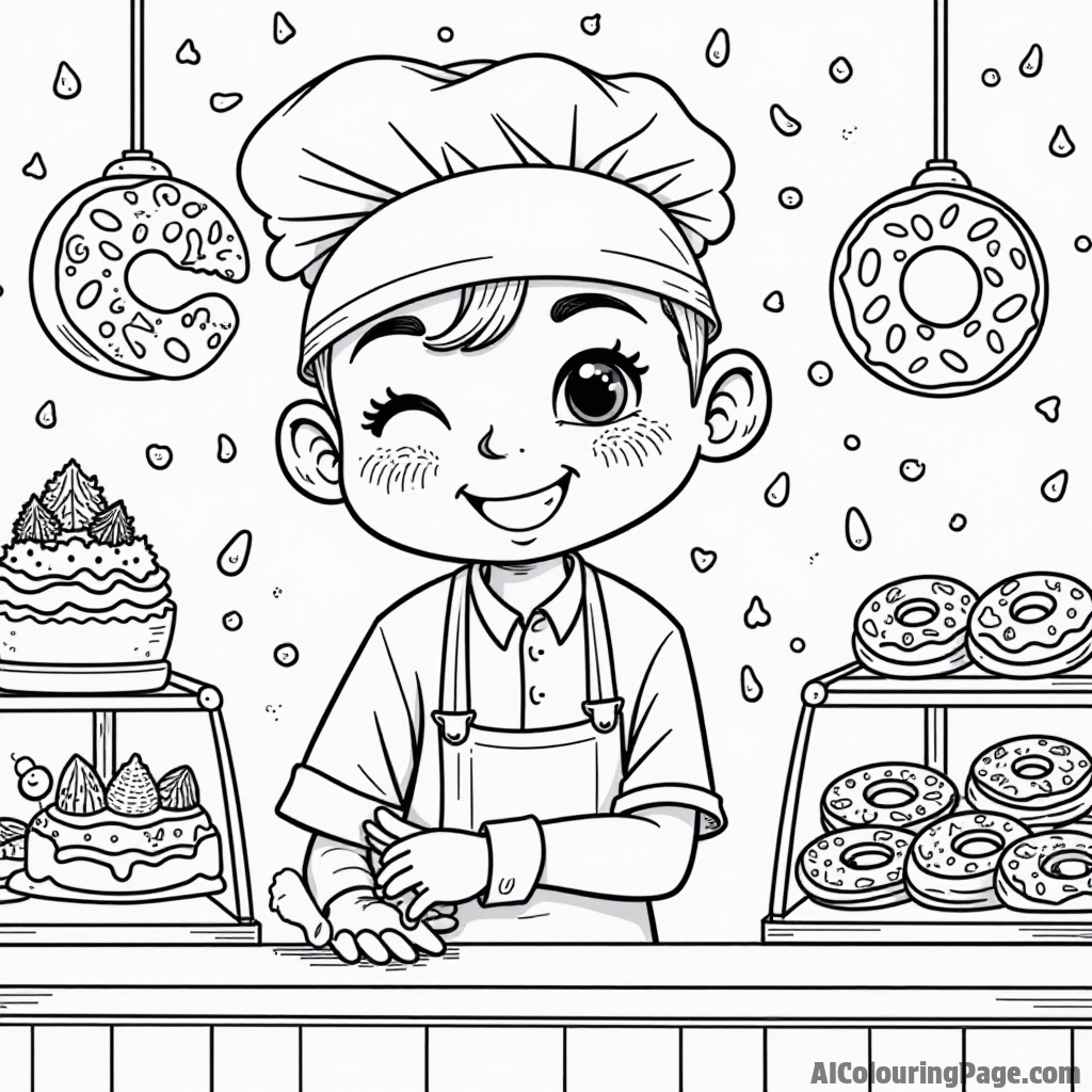 A whimsical donut shop with a cheerful baker, sprinkles falling from above, and colorful donuts displayed on the counter.