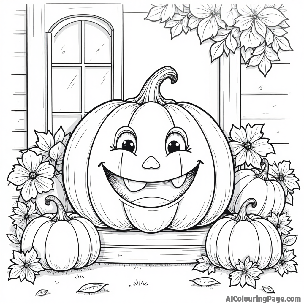 A cheerful pumpkin with a big smile sitting on a porch surrounded by colorful autumn flowers and leaves.