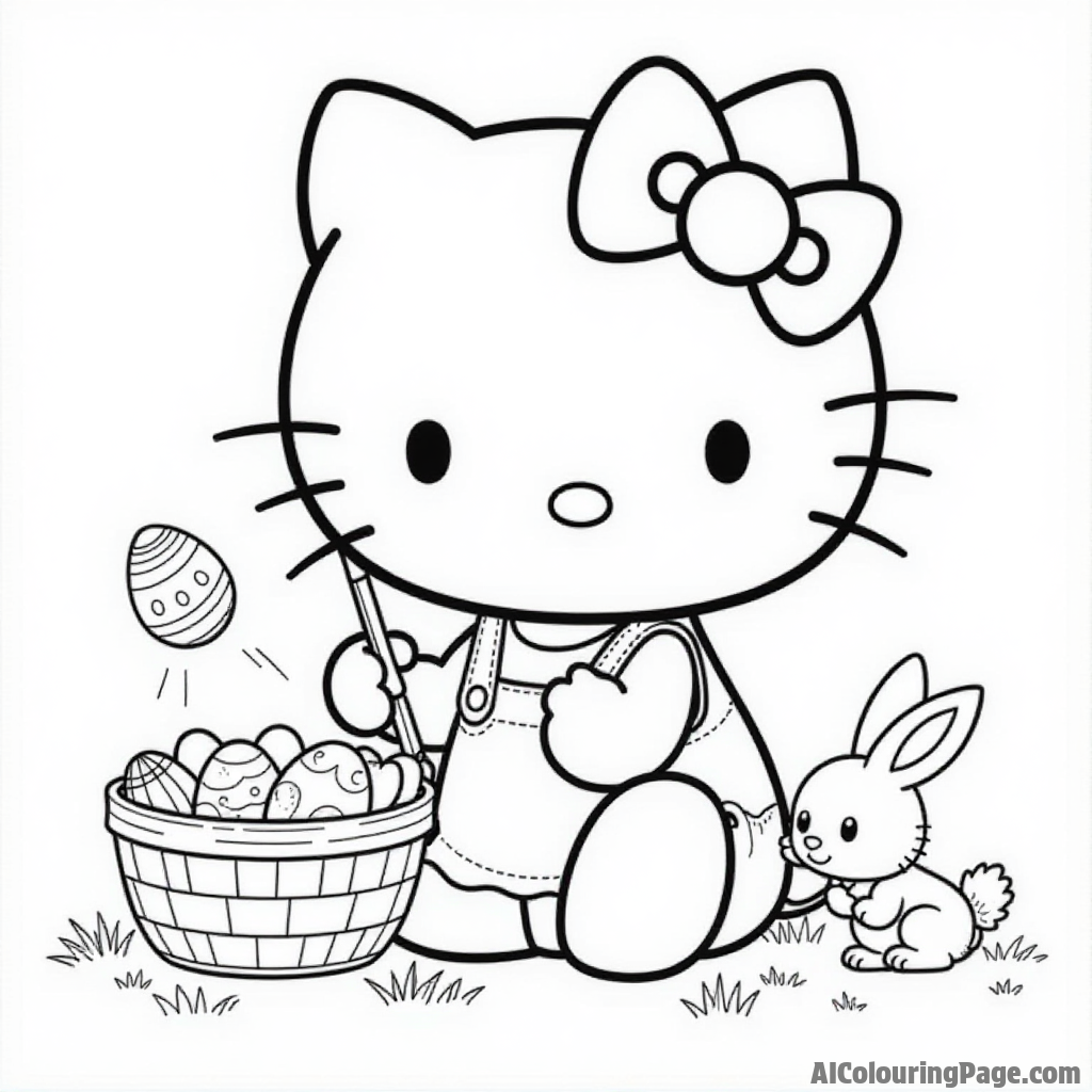 Hello Kitty painting Easter eggs with bright colors, a basket, and a playful bunny hopping nearby