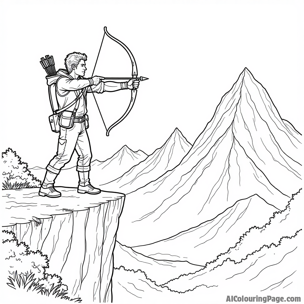 A brave adventurer standing on a cliff, aiming an arrow at a distant mountain target, with a beautiful landscape below, encouraging kids to color their own exploration of archery adventures.