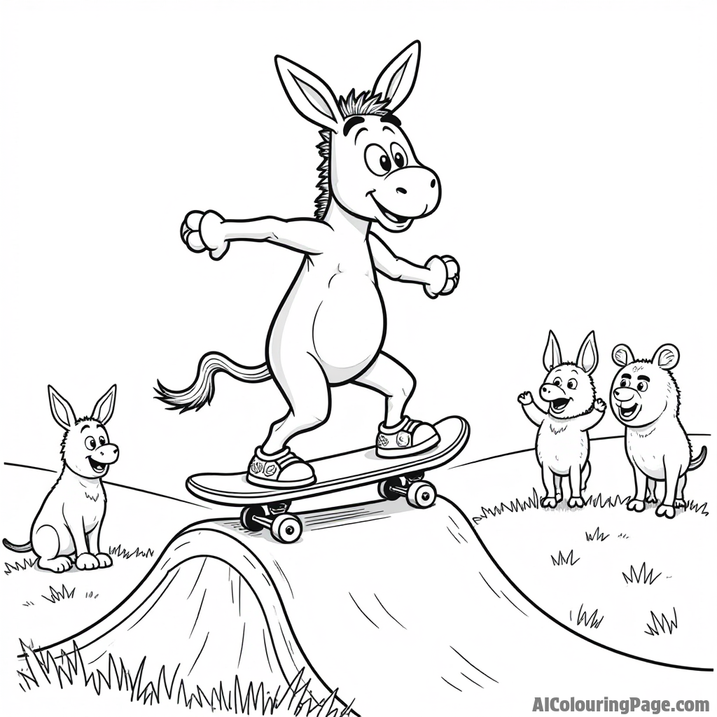 A cartoon donkey riding a skateboard, performing tricks on a ramp, with cheering animals watching in the background