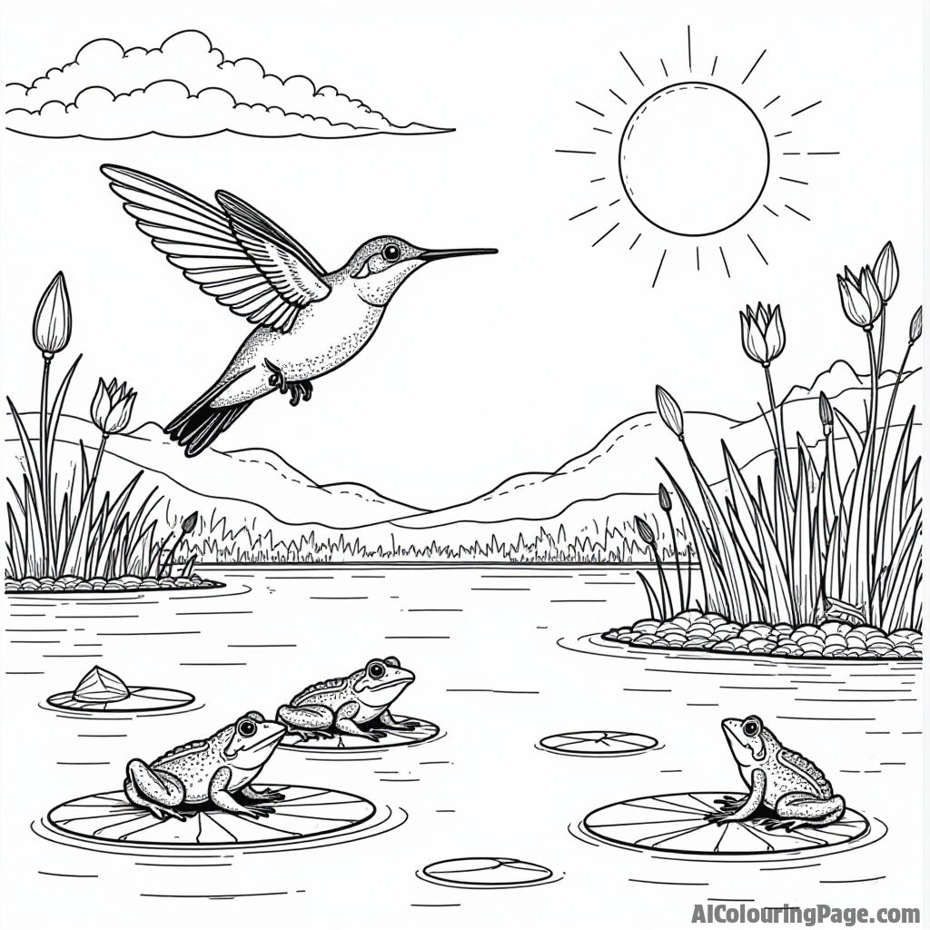 A hummingbird flying near a sparkling pond with lily pads and frogs enjoying the sun.