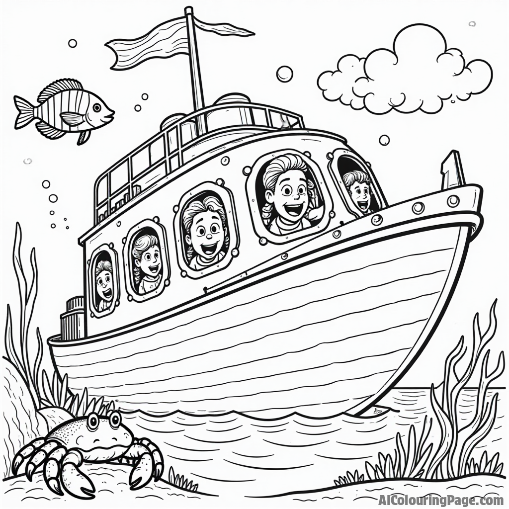 A diving bell ship with windows showing amazed explorers watching colorful fish swim by, with a curious crab peeking from a nearby rock, making a fun coloring page.