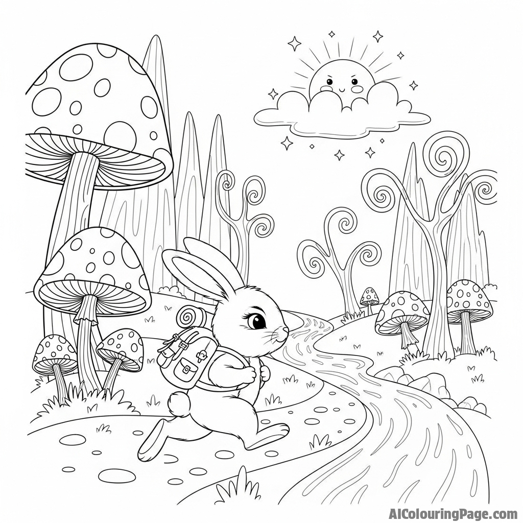 A whimsical storybook illustration of a bunny wearing a tiny backpack, embarking on an adventure.