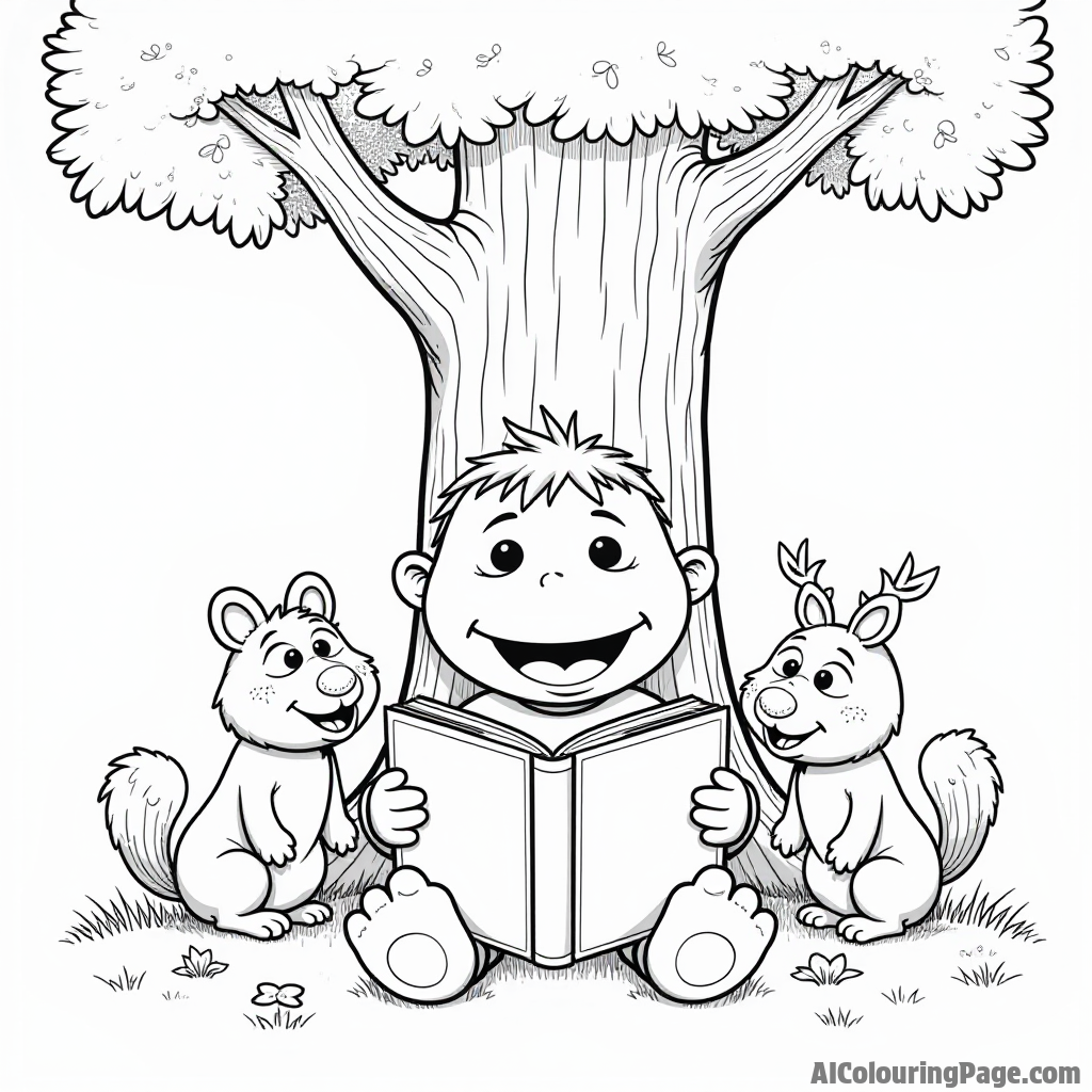 A Muppet baby reading a giant storybook under a big tree, with curious woodland animals peeking out from behind.