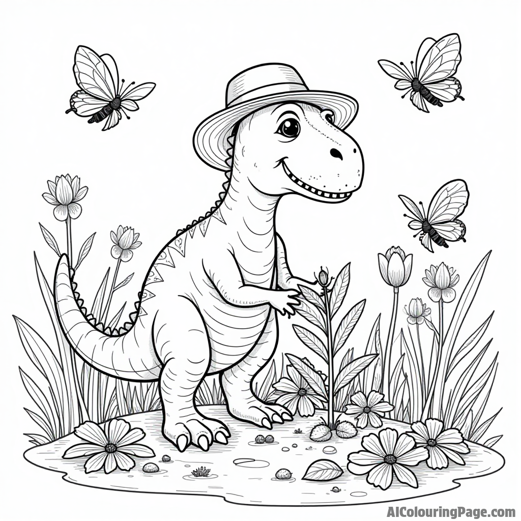 A dinosaur gardener planting seeds in a vibrant garden surrounded by butterflies and buzzing bees.