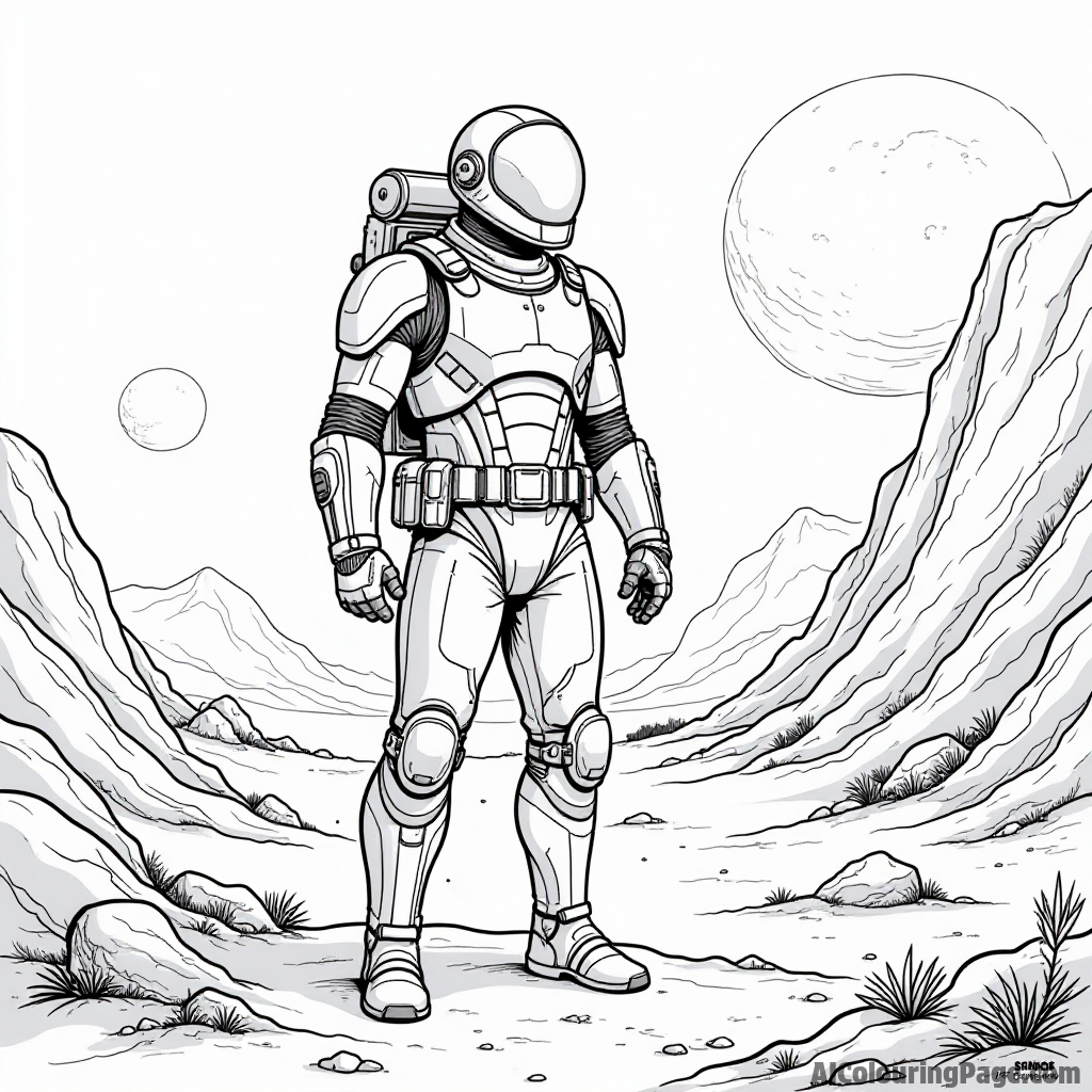 A heroic space warrior wearing a shiny suit, standing on a rocky planet with an alien landscape in the background.