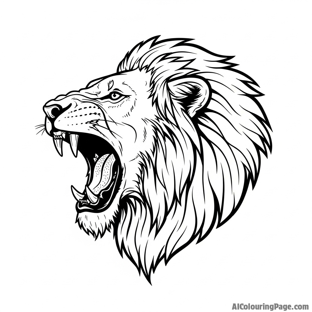 A woodcut-style illustration of a roaring lion's profile.