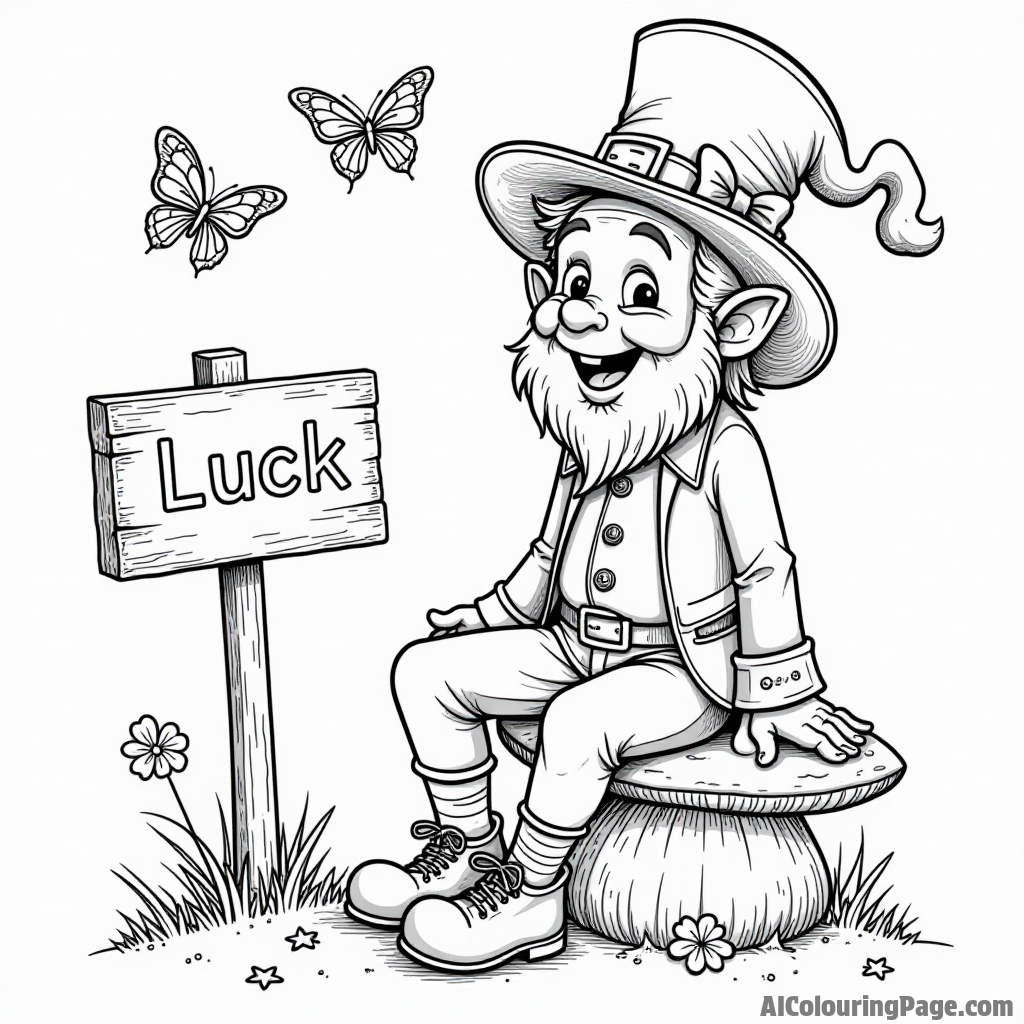 A jolly leprechaun sitting on a mushroom next to a sign that says Luck, with butterflies flying nearby.