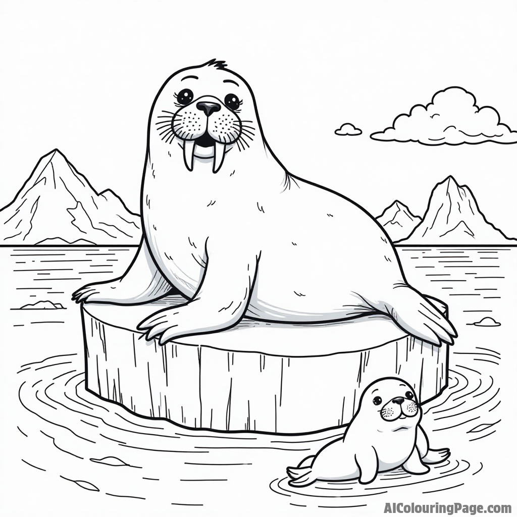 A friendly walrus lounging on an iceberg, surrounded by seals and the Arctic ocean, creating a fun icy adventure scene.