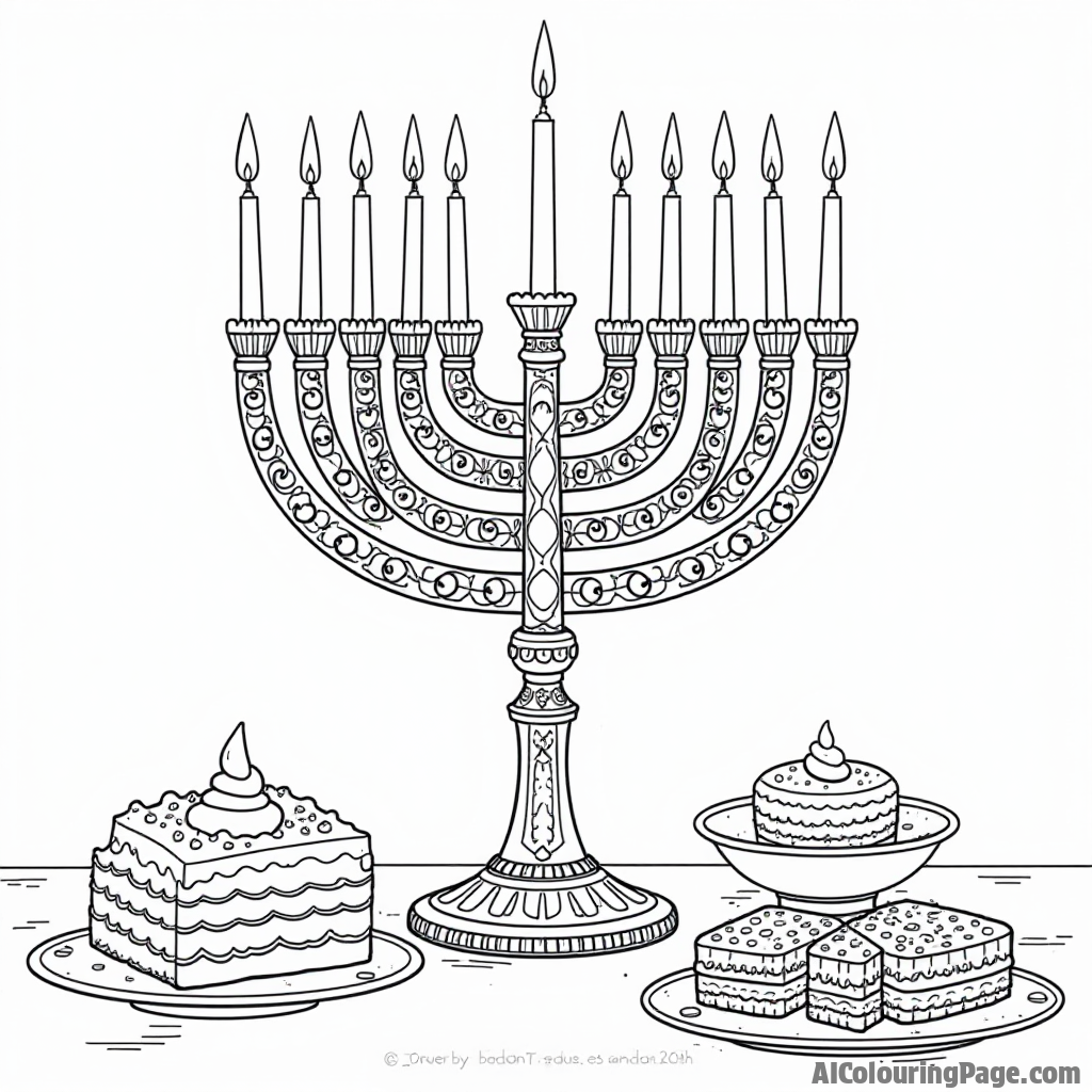 A beautifully designed menorah with intricate patterns, standing on a table filled with Hanukkah treats, inviting kids to use their creativity in this festive coloring page.