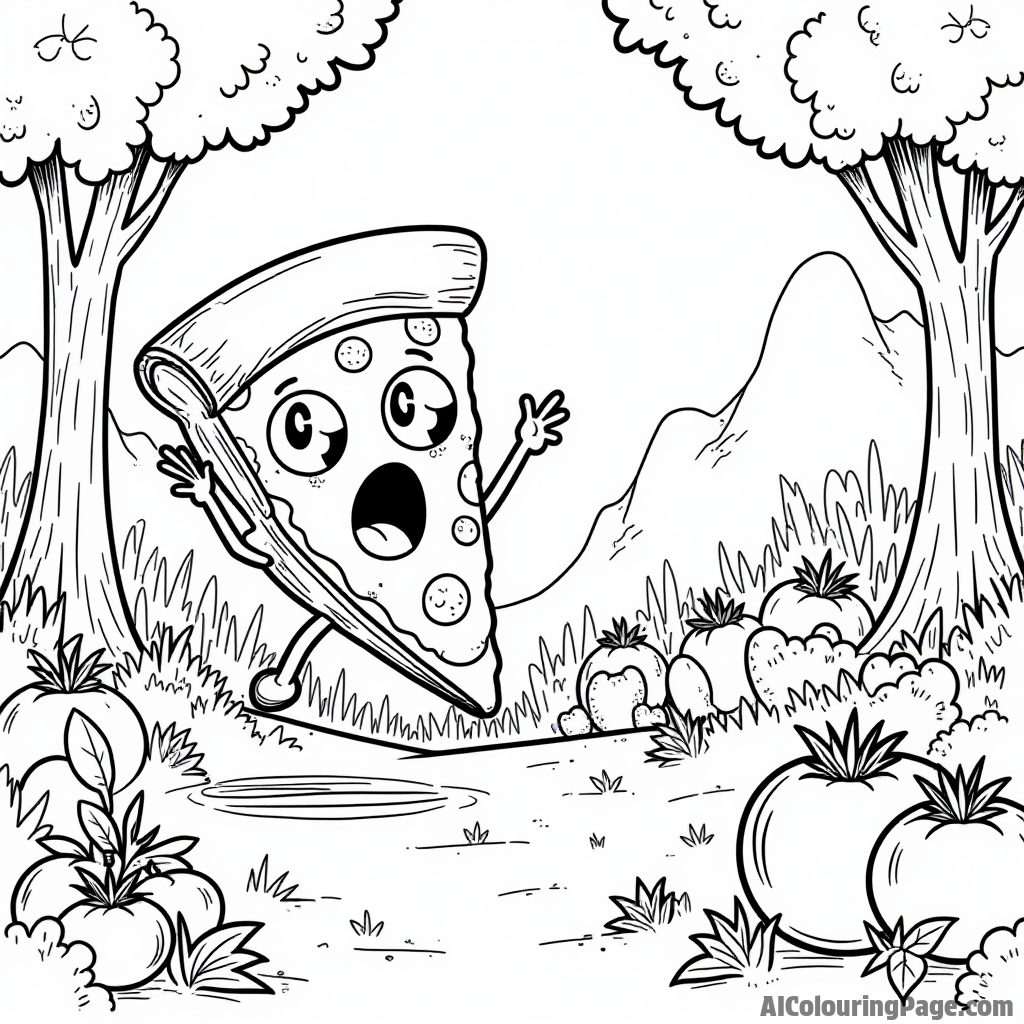 An adventurous pizza slice exploring a forest filled with giant vegetables like tomatoes and mushrooms, with a surprised expression.