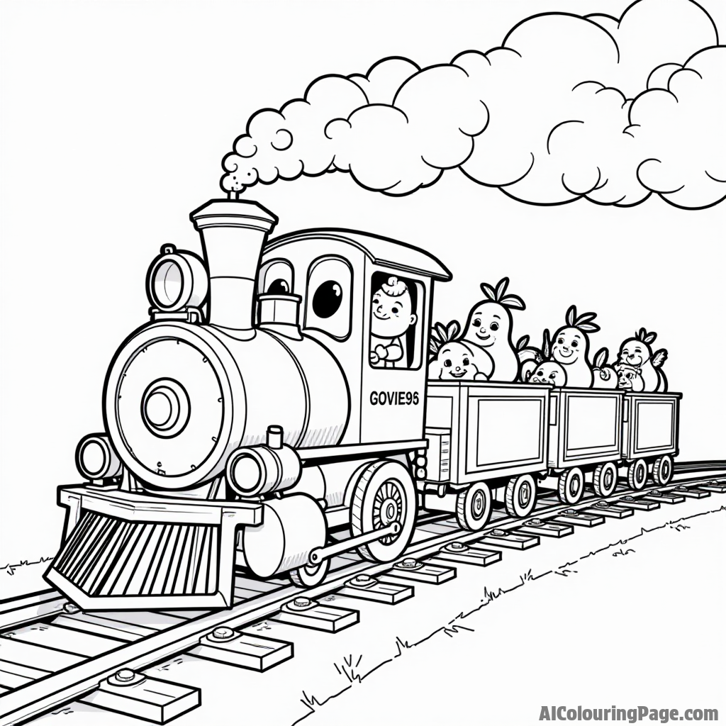 A pear-themed train chugging along a track with colorful carriages and happy passengers, perfect for a fun coloring page.