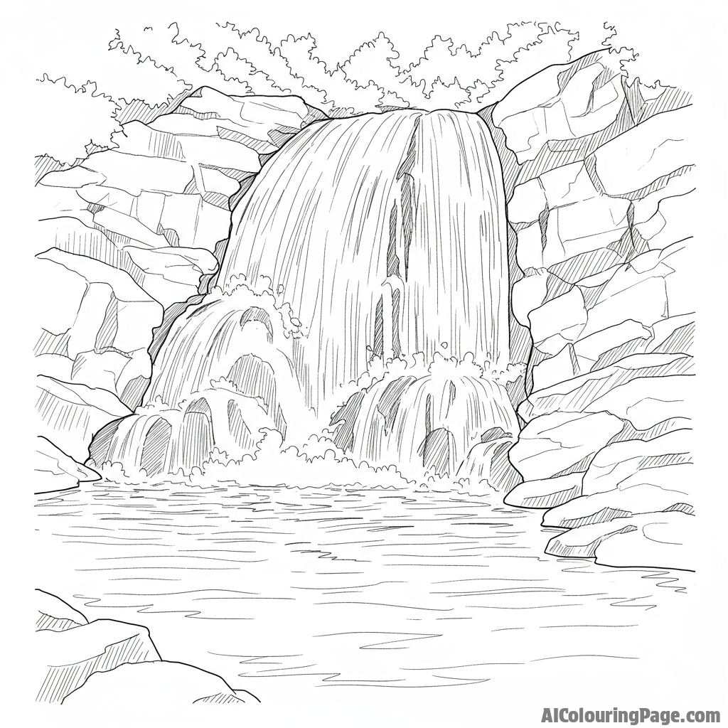 Waterfalls cascading down rocks into a pool below.