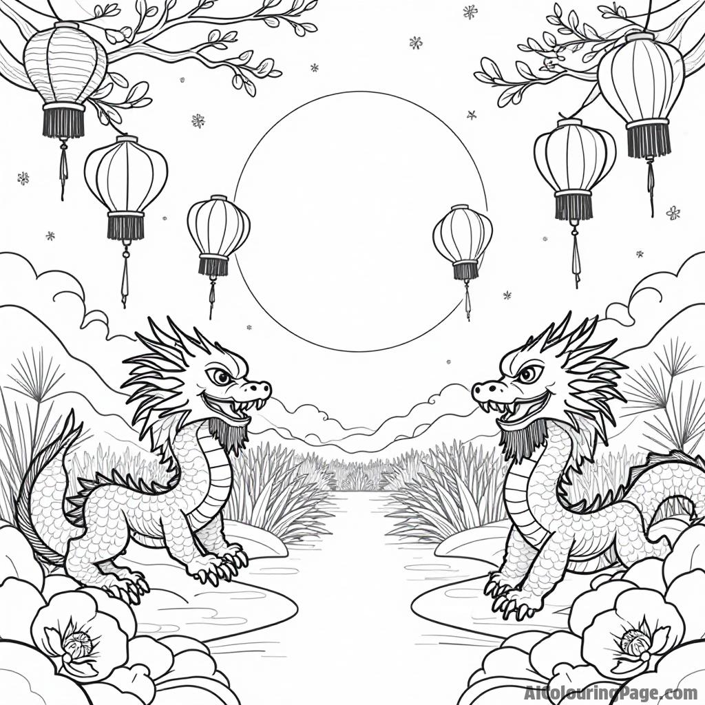 A stunning Chinese lantern festival scene with various lanterns in different shapes, including dragons and flowers, illuminating the night sky, representing hope and joy during the Chinese New Year celebrations.