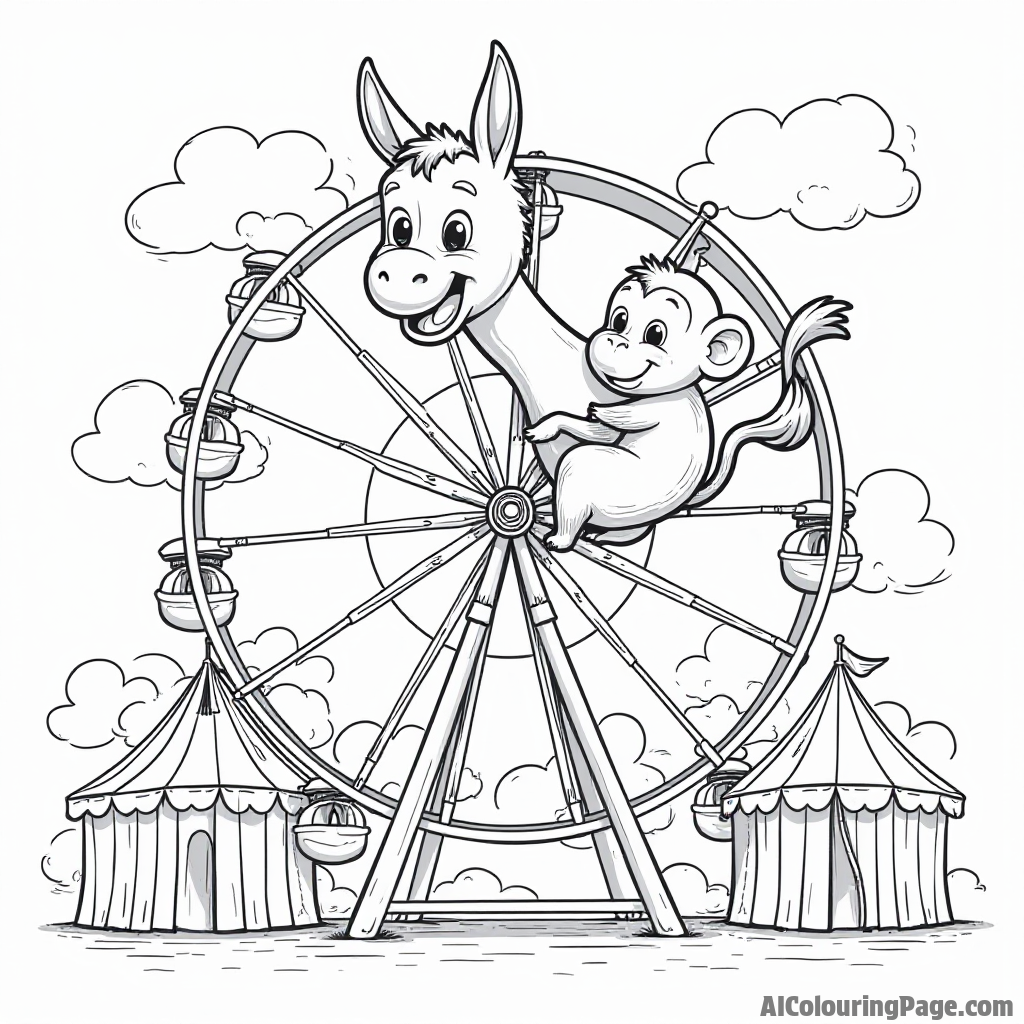 A donkey and a monkey enjoying a fun carnival, riding a Ferris wheel surrounded by colorful tents and balloons