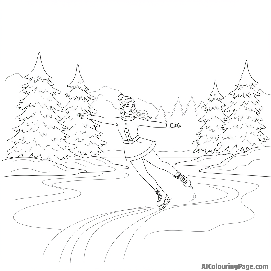 Skating on a frozen lake surrounded by snow-covered trees, graceful movement.