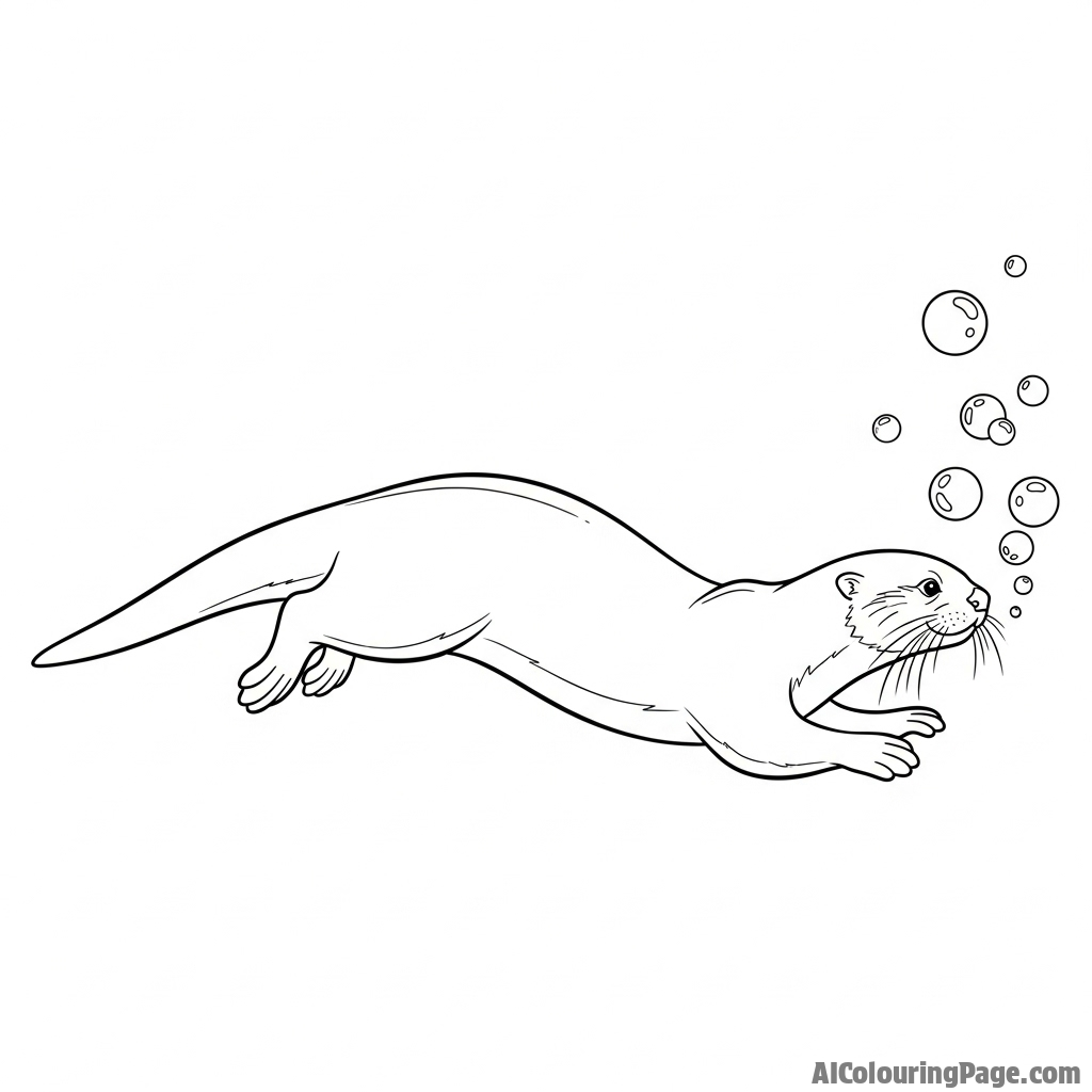 Underwater photograph of an otter streamlined and elegant, chasing bubbles.