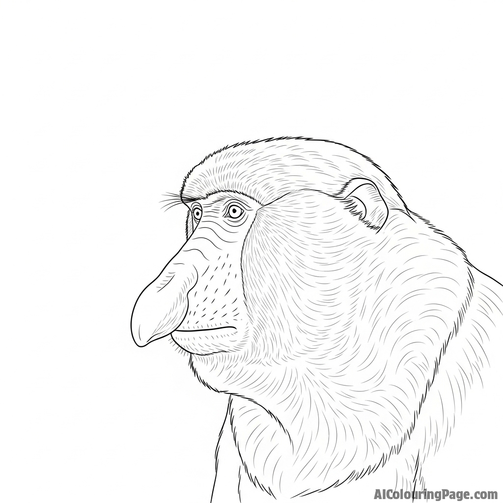 A solemn proboscis monkey in profile, highlighting its unique facial feature.