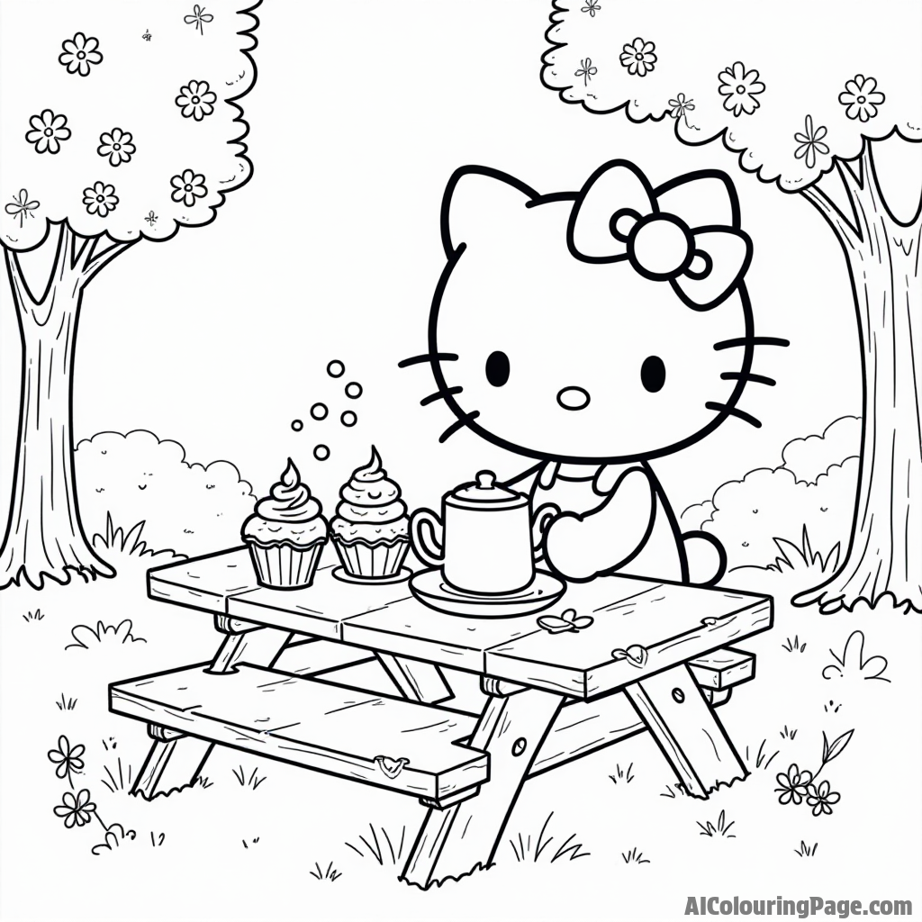 Hello Kitty having a tea party with her stuffed animals, cupcakes, and a teapot on a picnic table