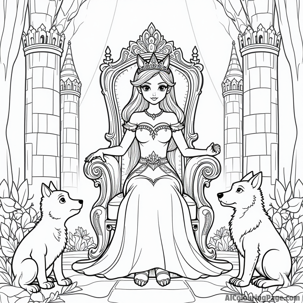 A werewolf princess sitting on a throne surrounded by talking animals and fairy tale books in a majestic castle.