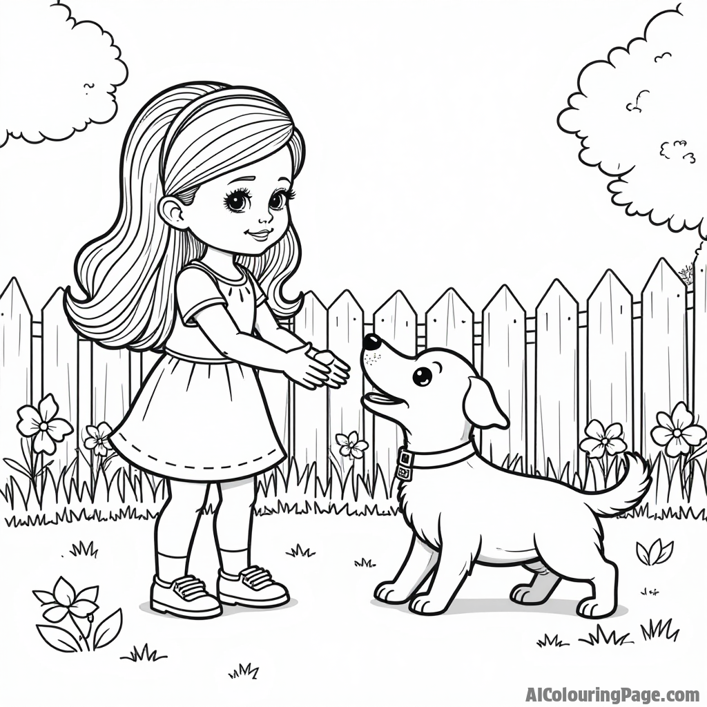 A doll and her pet dog playing fetch in a backyard, with a fence and flowers, designed to spark imagination in a black and white coloring page.