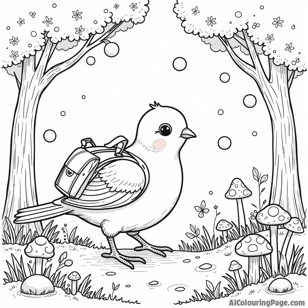 A dove with a tiny backpack exploring a magical forest filled with mushrooms and fairy lights for kids to color.