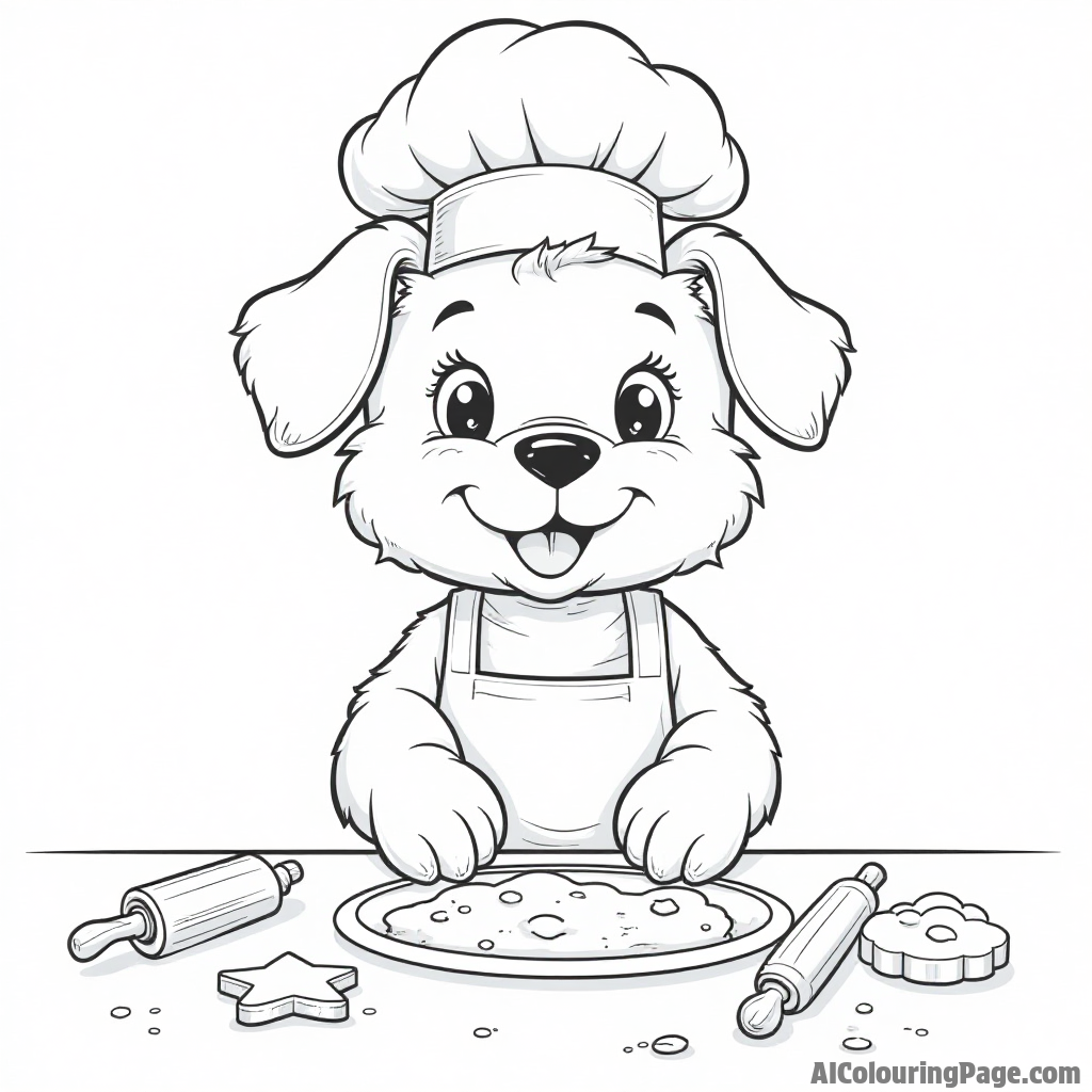 A puppy chef wearing an apron and a chef hat baking cookies, with flour, rolling pin, and cookie cutters on the table.