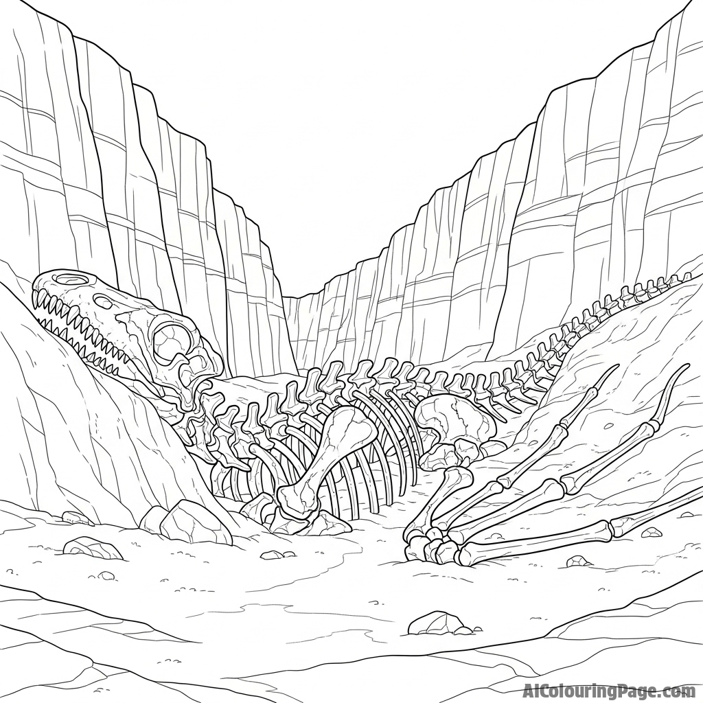 The immense fossilized skeleton of a dragon, half-buried in a desert canyon.