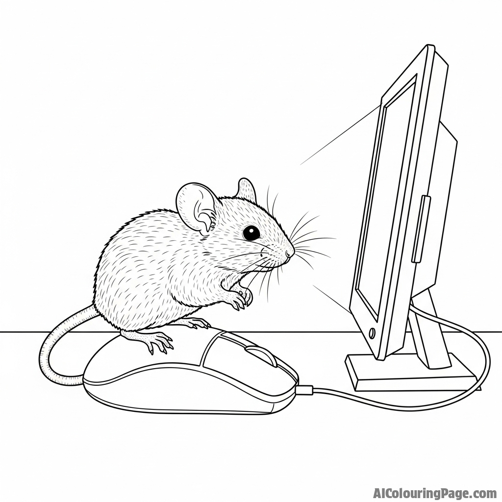 A mouse sitting on a computer mouse, looking inquisitively at the bright screen.
