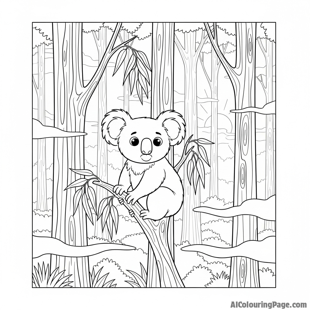 A koala in a misty, atmospheric forest at dawn.