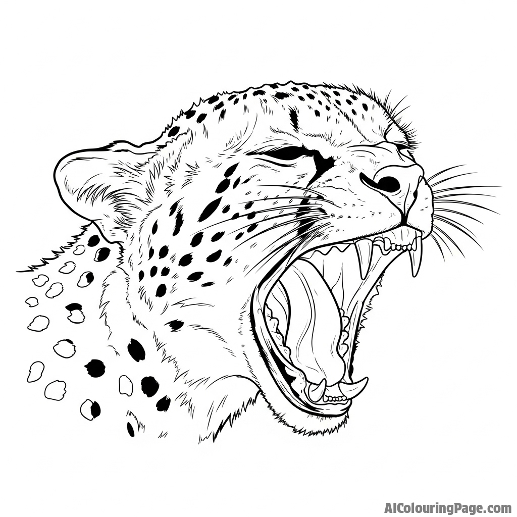 A cheetah mid-yawn, revealing formidable teeth and a powerful jaw.