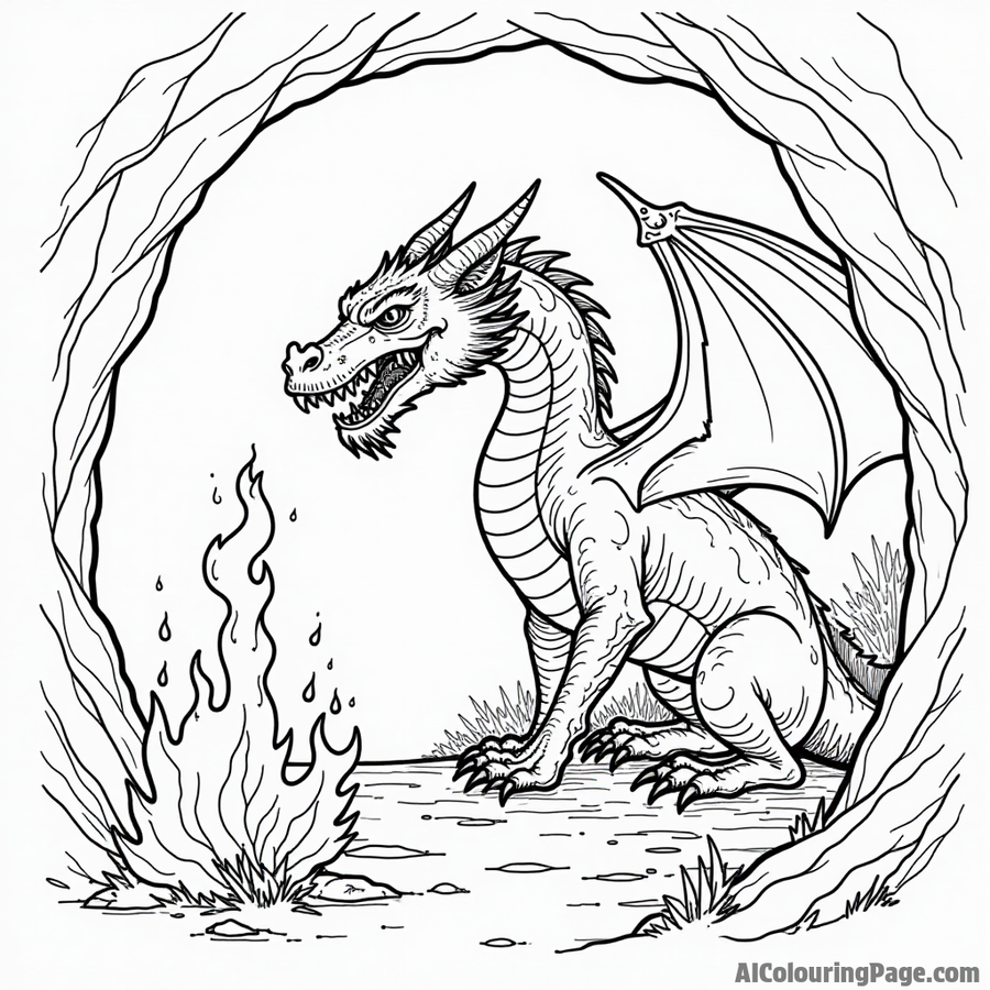 Dragon breathing fire in a cave