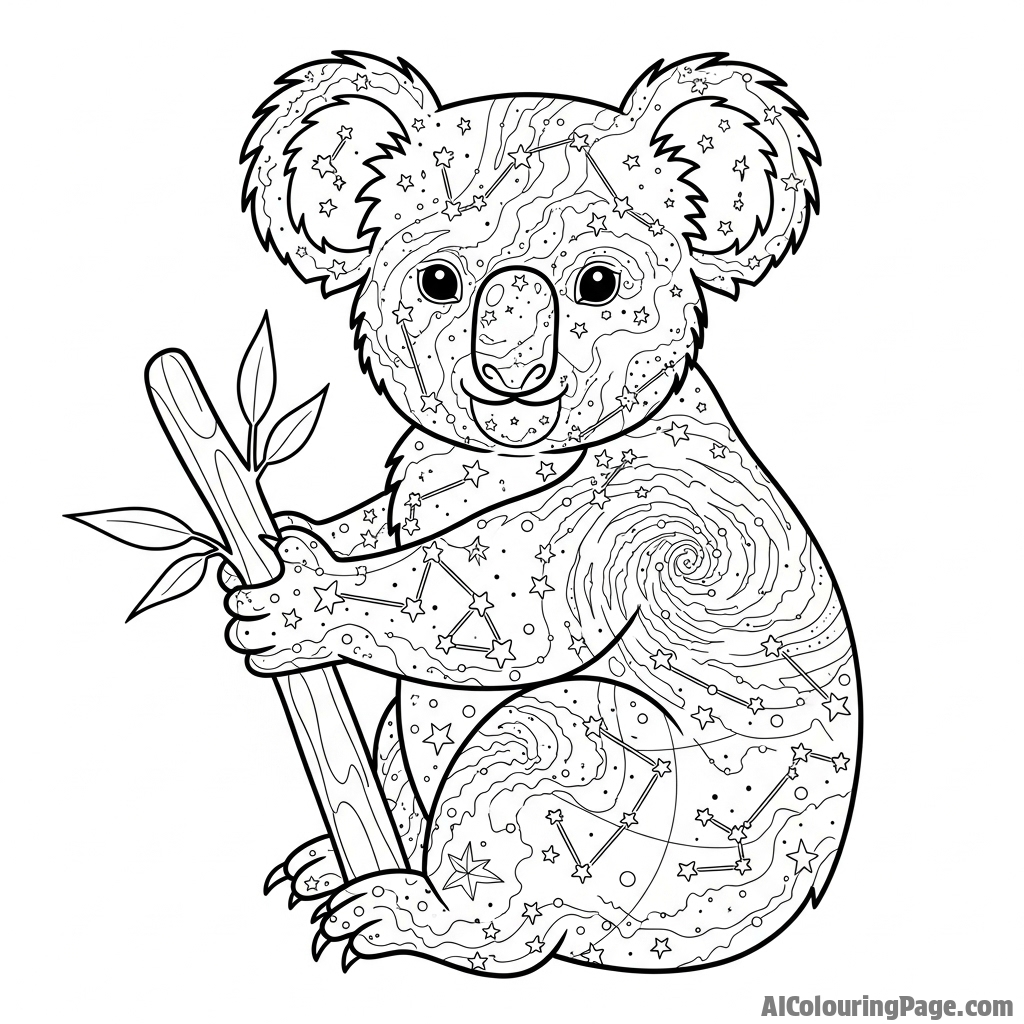 A koala's form composed entirely of a celestial star map and nebulae.
